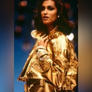 Vintage Gianfranco Ferre Gold Leather Jacket Shirt Shacket, Runway 1992 size 42